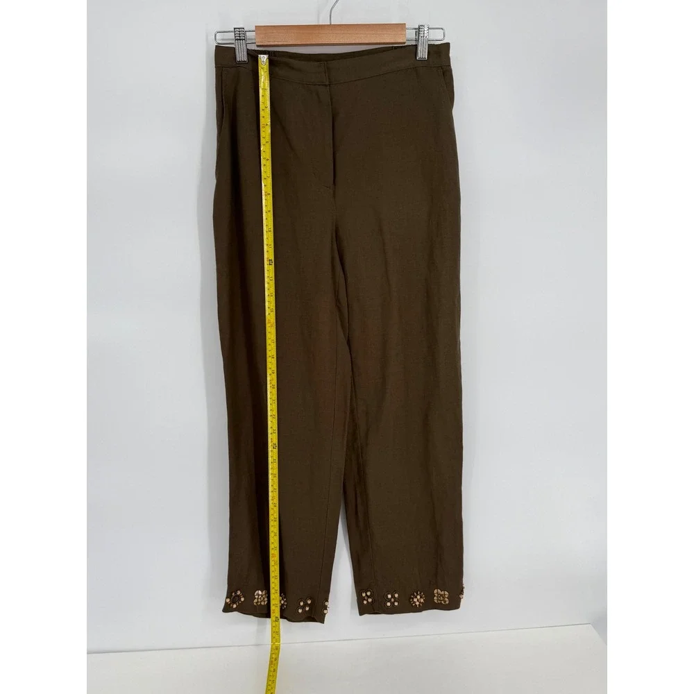 Ruby Rd Womens Sz 8 Linen Blend Pants Olive Brown Beaded Floral Hem Straight Leg